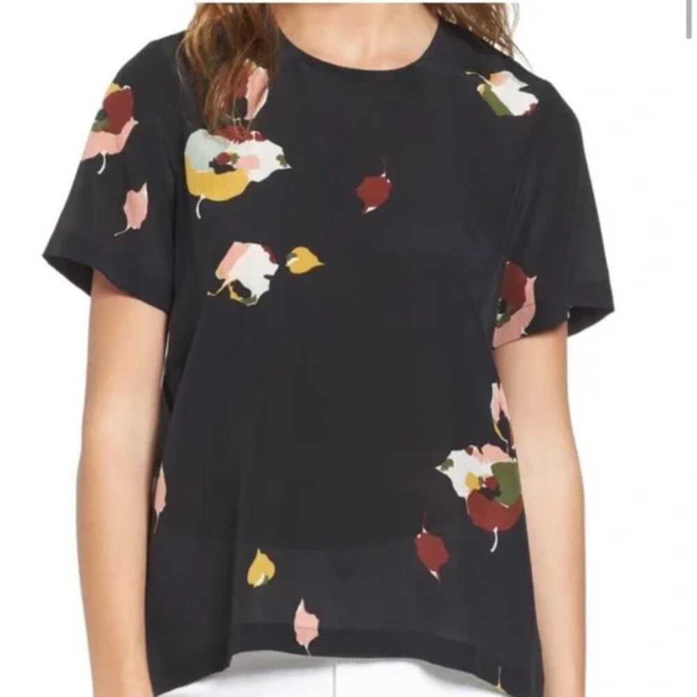 Madewell 100% Silk Back Button Floral Top XXS BLACK